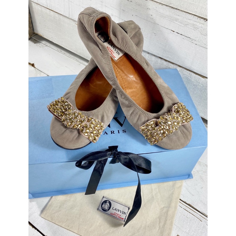 Lanvin Grey Crystal Bow Flats